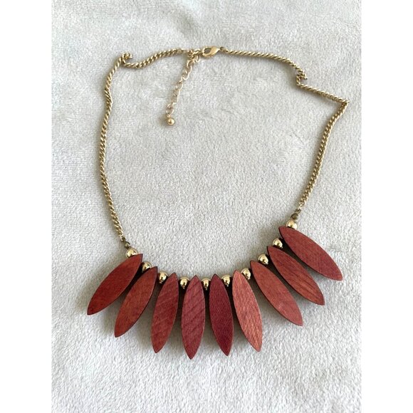 Wood & Gold Tone Beaded Bohemian Style Necklace Adj. Lobster Clasp Chain BOHO - Picture 2 of 4